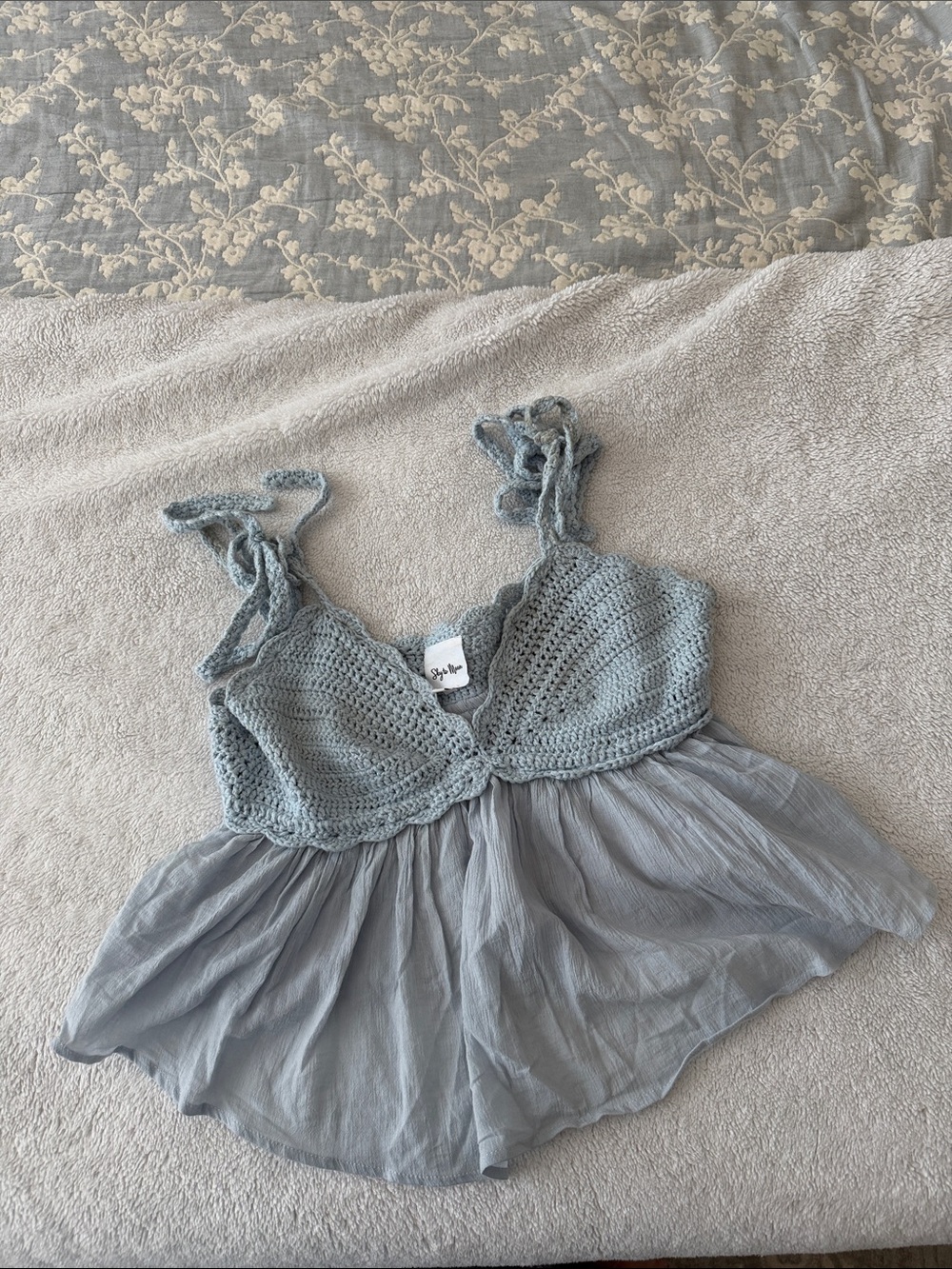 Hand-Crochet Bodice Tie-Strap Cami in Light Blue